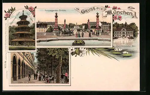 Lithographie München, Prinzregenten-Brücke, Unter den Arkaden