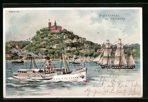 Lithographie Blankenese b. Hamburg, Ortsansicht mit Dampfer Prinzessin Heinrich