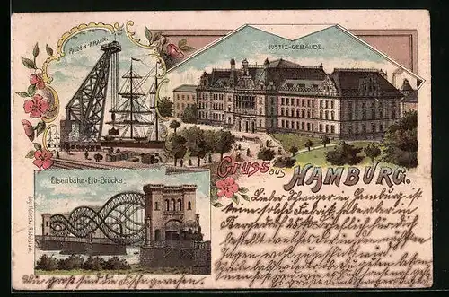 Lithographie Hamburg, Riesen-Krahn, Justiz-Gebäude, Eisenbahn-Elb-Brücke
