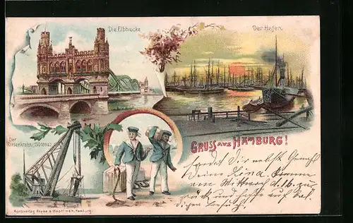 Lithographie Hamburg-Harburg, Hafen, Elbbrücke, Riesenkrahn