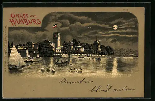 Mondschein-Lithographie Hamburg, Uhlenhorster Fährhaus mit Ruderbooten