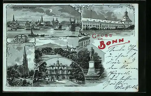 Mondschein-Lithographie Bonn, Universität, Coblenzer Thor, Arndt-Denkmal