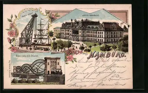 Lithographie Hamburg, Riesen-Krahn, Justiz-Gebäude, Eisenbahn-Elb-Brücke