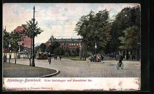 AK Hamburg-Barmbeck, Ecke Steilshoper und Bramfelder Str. mit Strassenbahnen