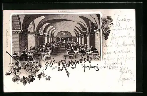 Lithographie Hamburg, Rathsweinkeller mit Gästen