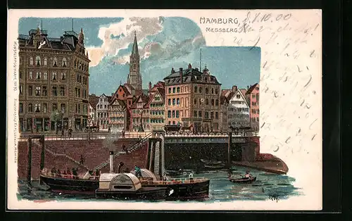 Lithographie Hamburg, Messberg mit Uferpartie mit Dampfer