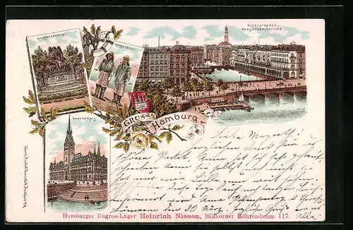 Lithographie Hamburg, Kriegerdenkmal, Neues Rathaus, Helgoländer