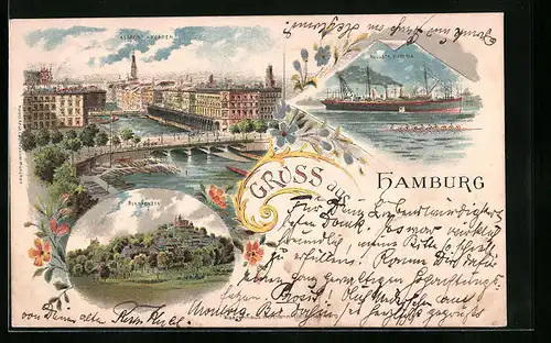 Lithographie Hamburg-Blankenese, Alster-Arcaden, Schiff Augusta Victoria