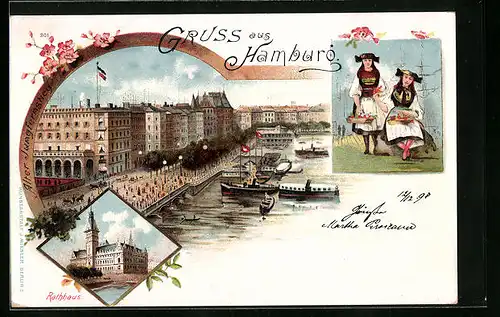 Lithographie Hamburg, Rathaus, Alter Jungfernstieg