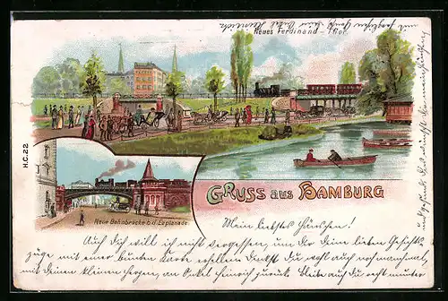 Lithographie Hamburg, Neues Ferdinand-Thor, Neue Bahnbrücke
