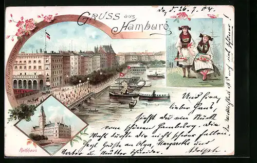 Lithographie Hamburg, Rathaus, Alter Jungfernstieg, Vierländerinnen in Trachten