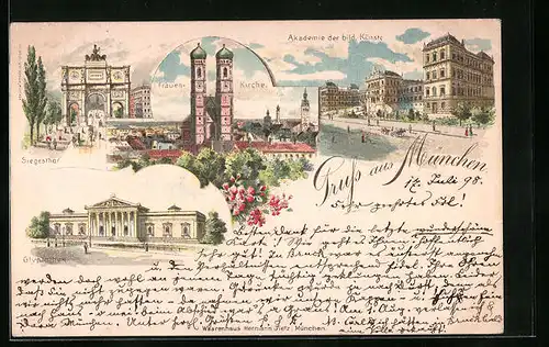 Lithographie München, Frauenkirche, Akademie der bild. Künste, Siegesthor
