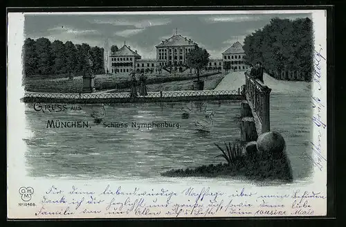Mondschein-Lithographie München, Schloss Nymphenburg mit Uferpartie