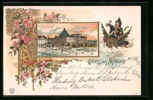 Lithographie München, Justiz-Palast mit Münchner-Kindl