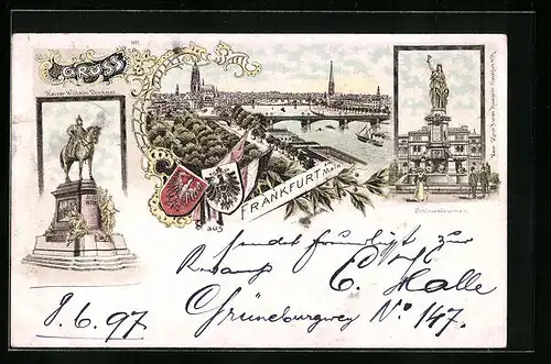 Lithographie Frankfurt a. M., Kaiser-Wilhelm-Denkmal, Schützenbrunnen