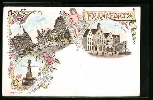 Lithographie Frankfurt a. M., Rossmarkt mit Römerberg
