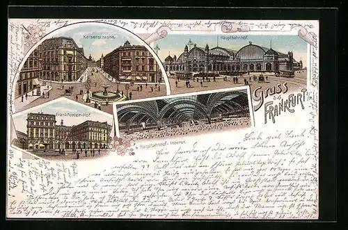 Lithographie Frankfurt a. Main, Kaiserstrasse, Hauptbahnhof, Frankfurter-Hof