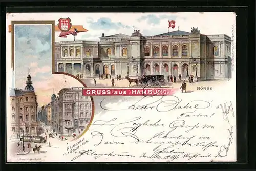 Lithographie Hamburg, Neuerwall mit Stadthaus und Börse