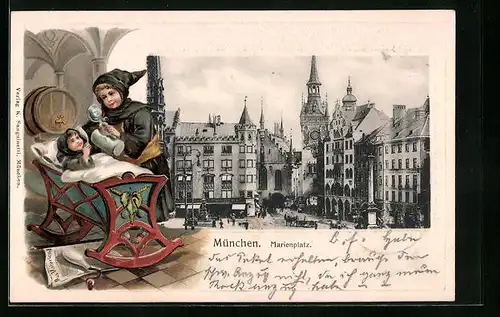 Passepartout-Lithographie München, Marienplatz mit Denkmal, Münchner Kindl bei Kind an der Wiege