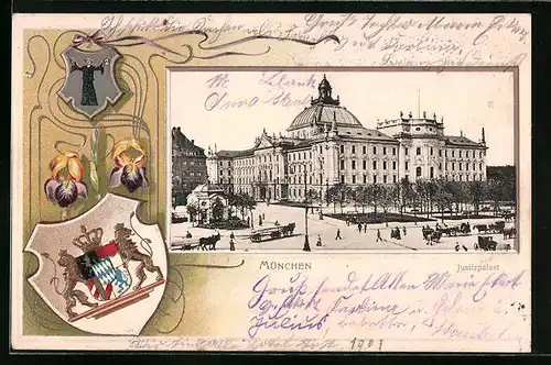 Passepartout-Lithographie München, Justizpalast, Wappen