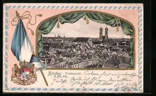 Passepartout-Lithographie München, Totalansicht mit Frauenkirche, Wappen und Fahne