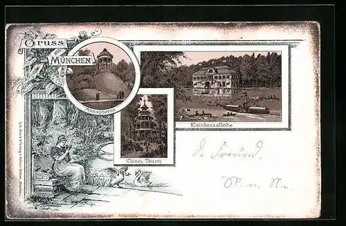 Lithographie München-Schwabing, Kleinhessellohe, Monopteros, Chinesischer Turm