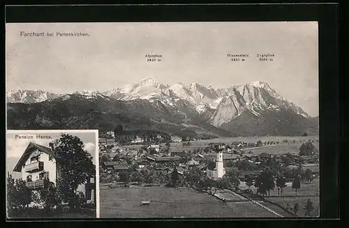 AK Farchant b. Partenkirchen, Pension Hansa, Panorama mit Waxenstein