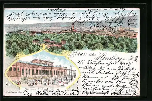 Lithographie Homburg, Kurhaus, Rückansicht, Totalansicht