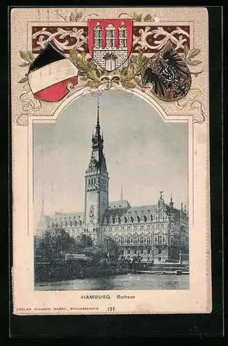 Passepartout-Lithographie Hamburg, Rathaus, Wappen