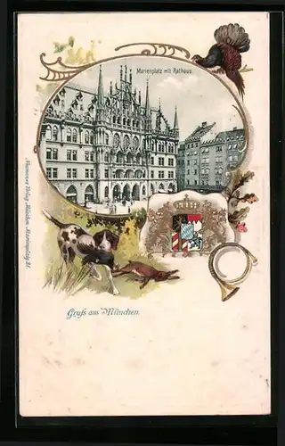 Passepartout-Lithographie München, Marienplatz mit Rathaus, Jagdhund mit Beute und Wappen