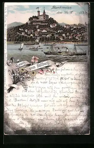 Lithographie Hamburg-Blankenese, Dampfer gegen Süllberg