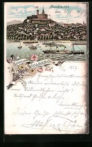 Lithographie Hamburg-Blankenese, Dampfer gegen Süllberg