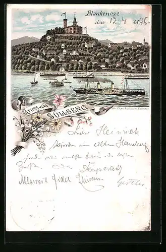 Lithographie Hamburg-Blankenese, Dampfer gegen Süllberg
