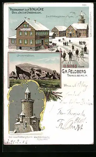 Lithographie Grosser Feldberg, Restaurant zur Walküre im Winter, Brunhildisfelsen