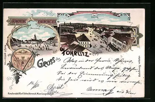 Lithographie Pohrlitz /Mähren, Marktplatz, Strassenpartie aus der Vogelschau