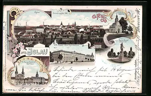 Lithographie Iglau, Staats-Ober Gymnasium, Friedhof-Kapelle, Panorama