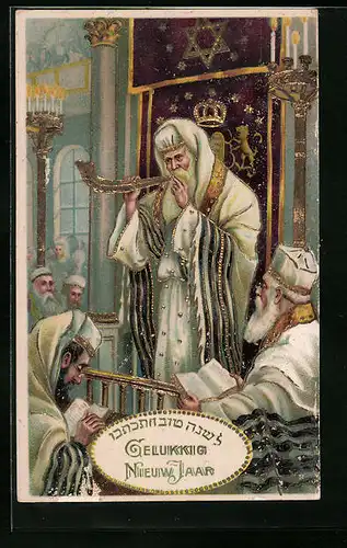AK Jüdische Messe in der Synagoge, Rabbi bläst auf dem Schofar