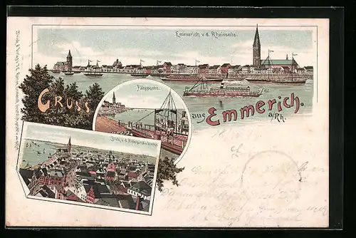Lithographie Emmerich, Blick von der Aldegundis Kirche, Ortsansicht von der Rheinseite, Fährponte