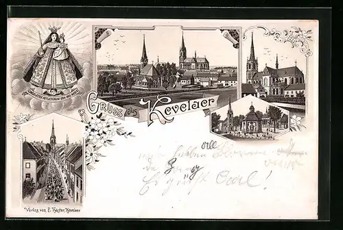 Lithographie Kevelaer, Ortsansicht, Kirche, Madonna mit Kind, Fromme Prozession