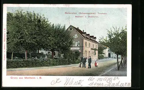 AK Müllheim i. B., Gasthaus Schnauzmeierei, Turnhalle