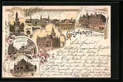 Lithographie Gelsenkirchen, Post und Amtsgericht am Markt, Rathhaus, Ortsansicht