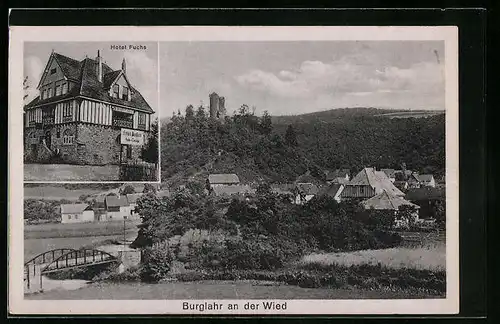 AK Burglahr an der Wied, Hotel und Pension Fuchs, Ortsansicht mit Burg