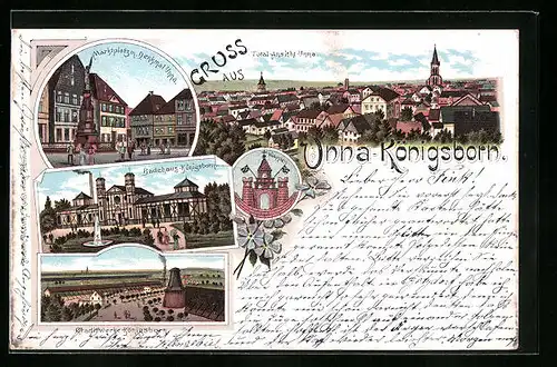 Lithographie Unna-Königsborn, Totalansicht Unna, Gradierwerke und Badehaus Königsborn