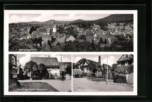 AK Oberschopfheim, Handlung Josef Schwend, Ortsansicht aus der Vogelschau, Kriegerdenkmal