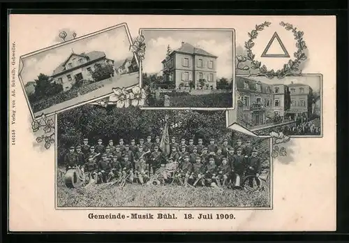 AK Bühl, Gemeinde-Musikorchester im Jahr 1909, Gebäude, Dreieck im Eichenkranz