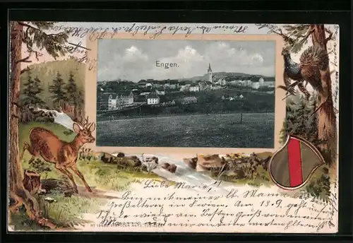 Passepartout-Lithographie Engen, Gesamtansicht, Wald mit Fasan und Reh, Wappen