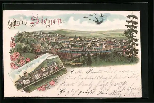 Lithographie Siegen, Unteres Schloss, Panorama