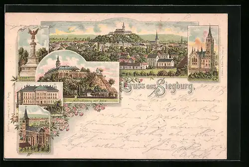 Lithographie Siegburg, Lehrer-Seminar, Kriegerdenkmal, Michaelsberg mit Abtei