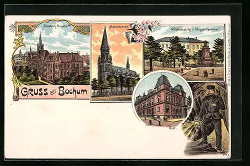 Lithographie Bochum, Elisabeth-Hospital, Post, Wilhelmsplatz mit Kriegerdenkmal