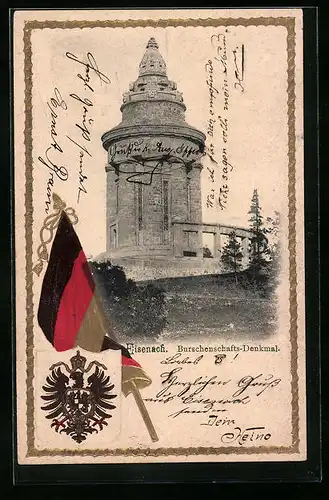Passepartout-Lithographie Eisenach, Burschenschafts-Denkmal, Deutsche Fahne und Wappen